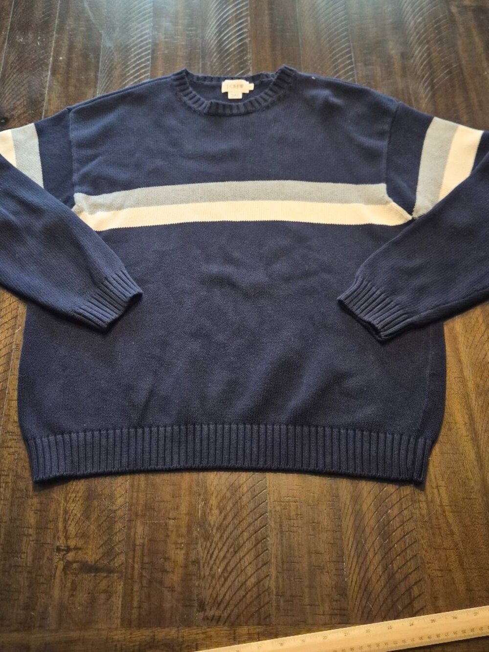 J Crew Striped Knit Sweater Mens Size L Cotton Crewneck Pullover Blue G788